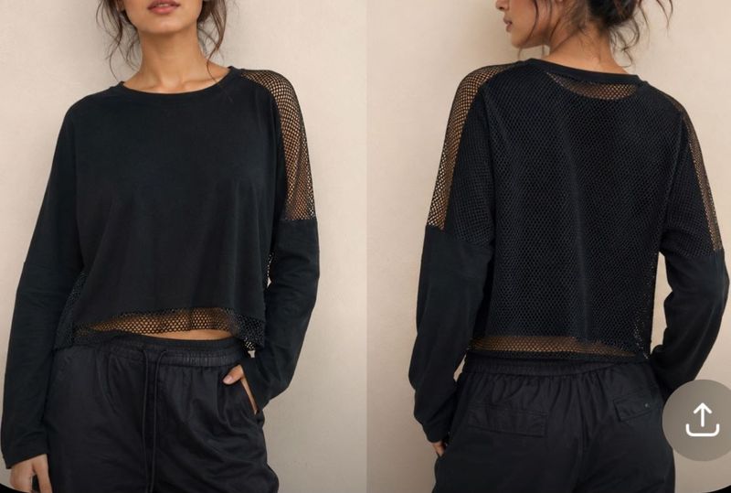 Sheer Mesh Detail Black Long Sleeve Top