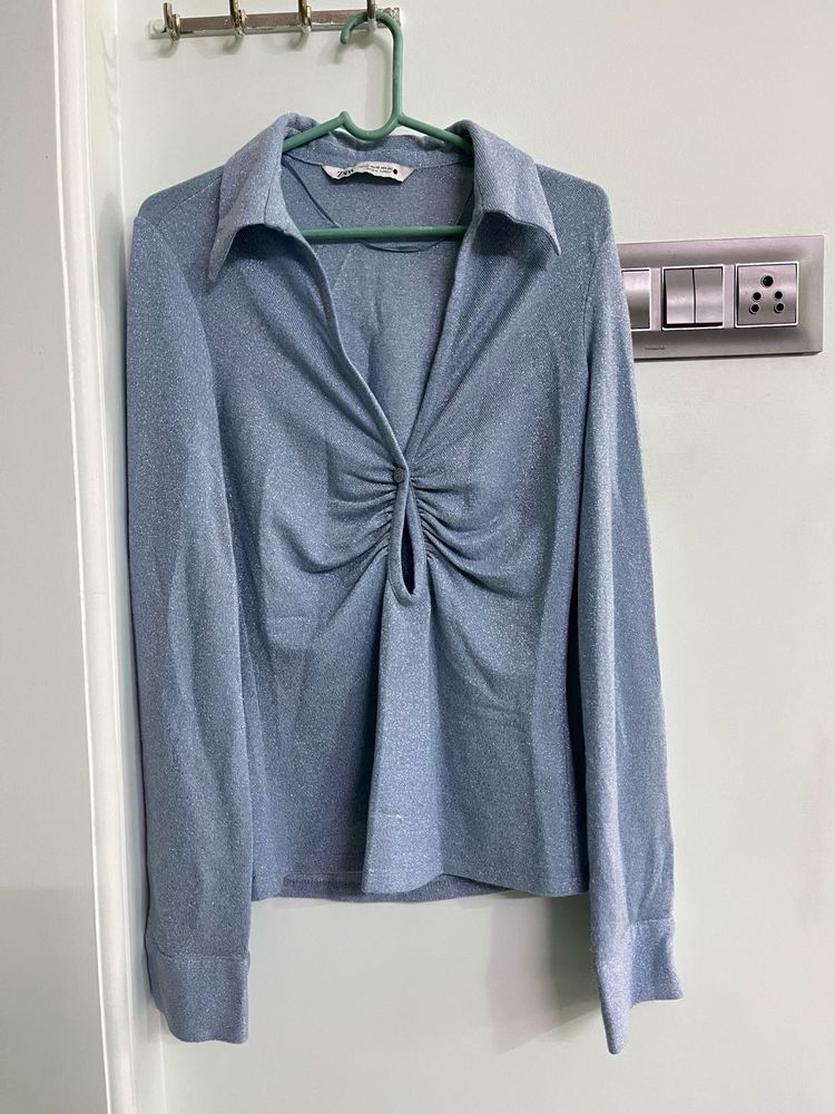 Zara Sparkly Blue Long Sleeve Top