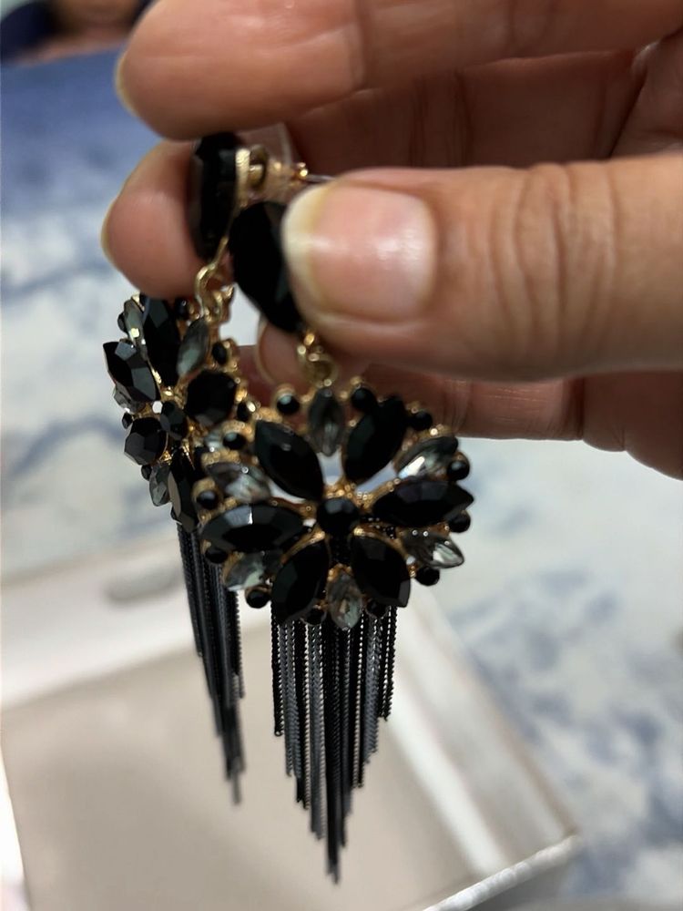 Elegant Black Crystal Tassel Earrings