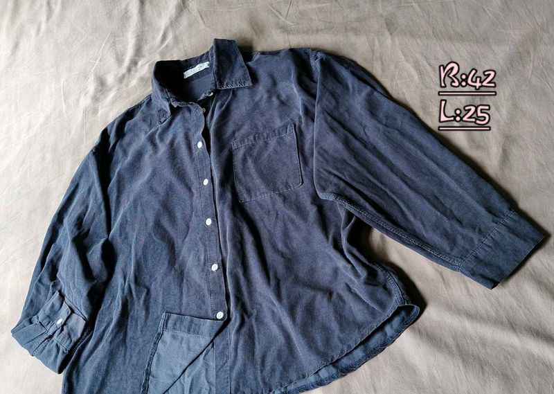 velvet Dark Blue Casual Button-Up Shirt