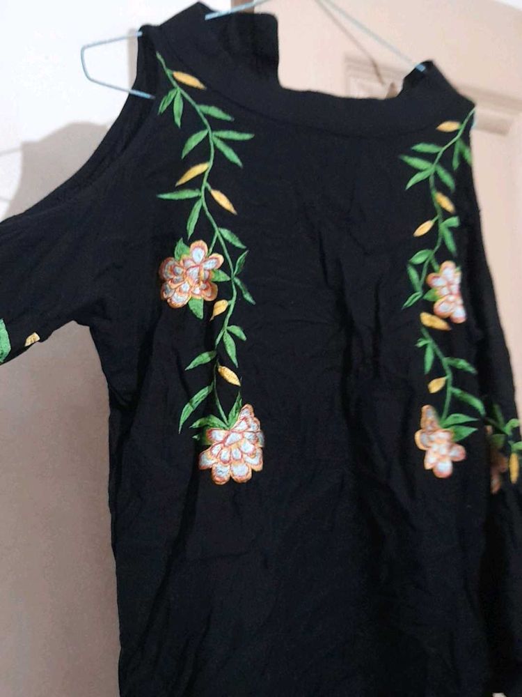 Black Embroidered Cold Shoulder Blouse