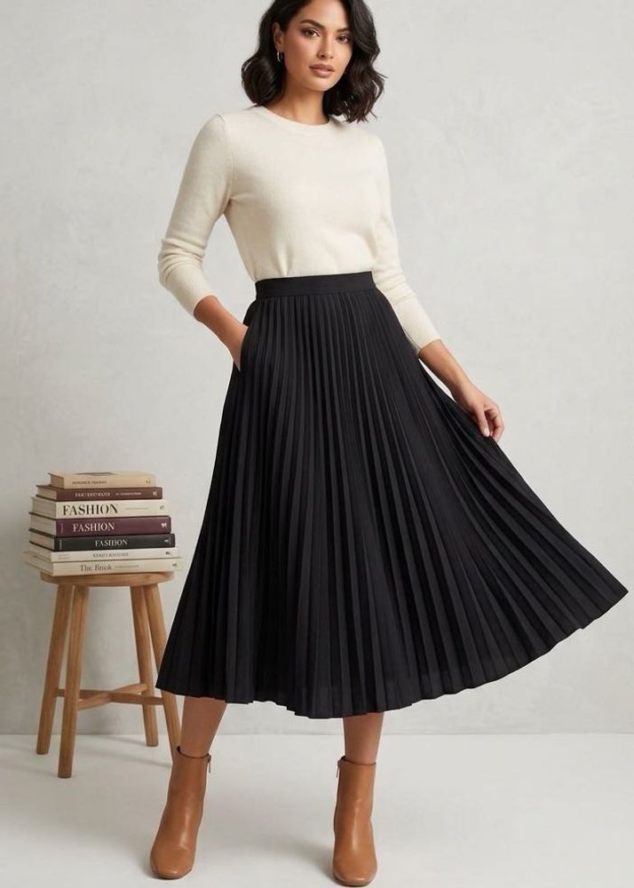 Black Pleated Midi Skirt