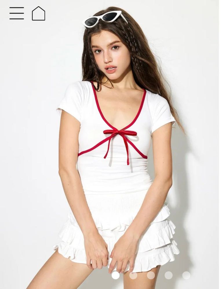 White Top with Red Trim &amp; Bow Detail
