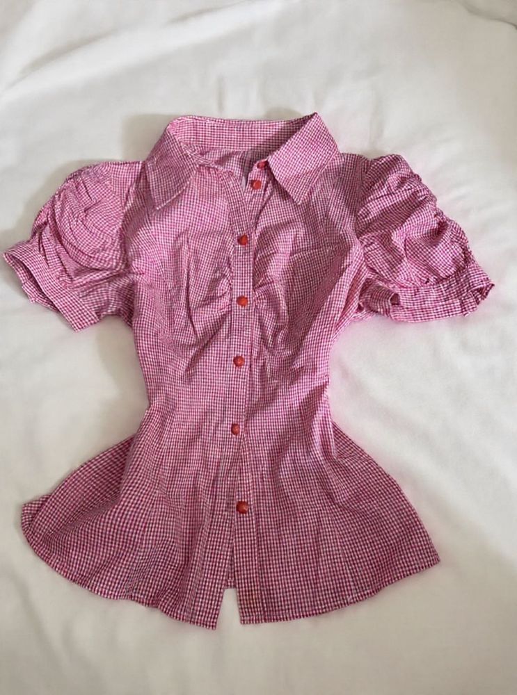 Red Gingham Puff Sleeve Top