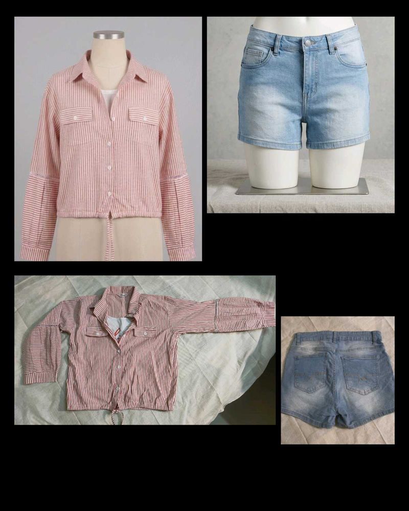 Combo Offer✨ – Striped Shirt Top❤️ + Denim Shorts