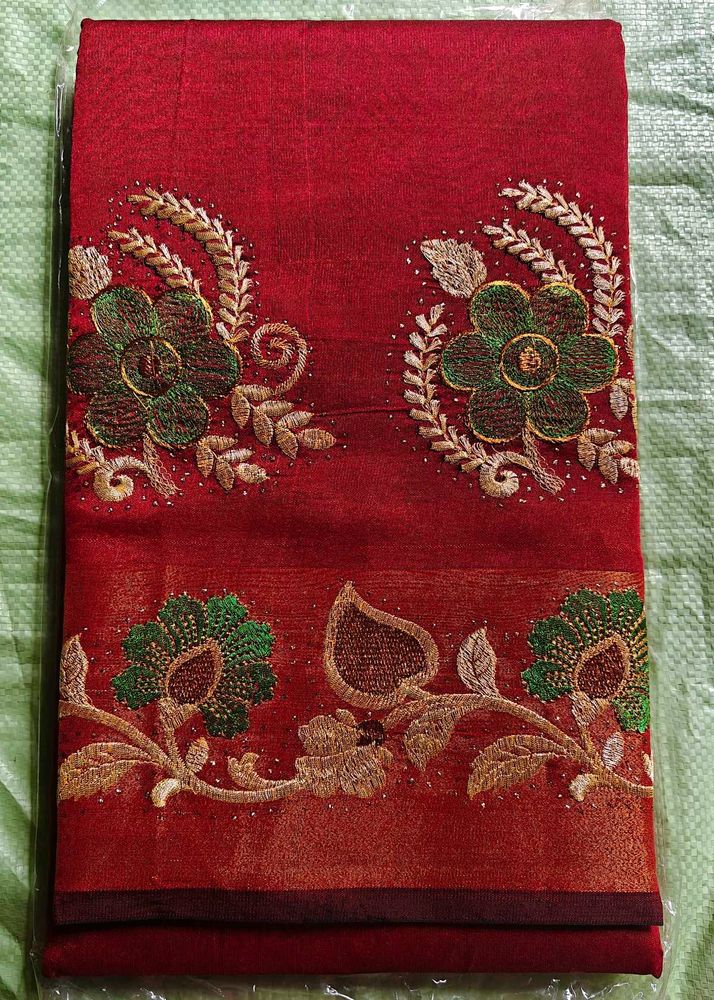 Price Drop🥳 for Elegant Red Embroidered Saree