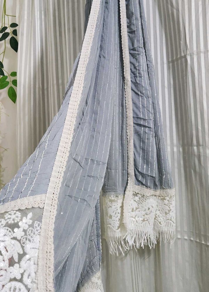 Striped Grey Dupatta with Lace
