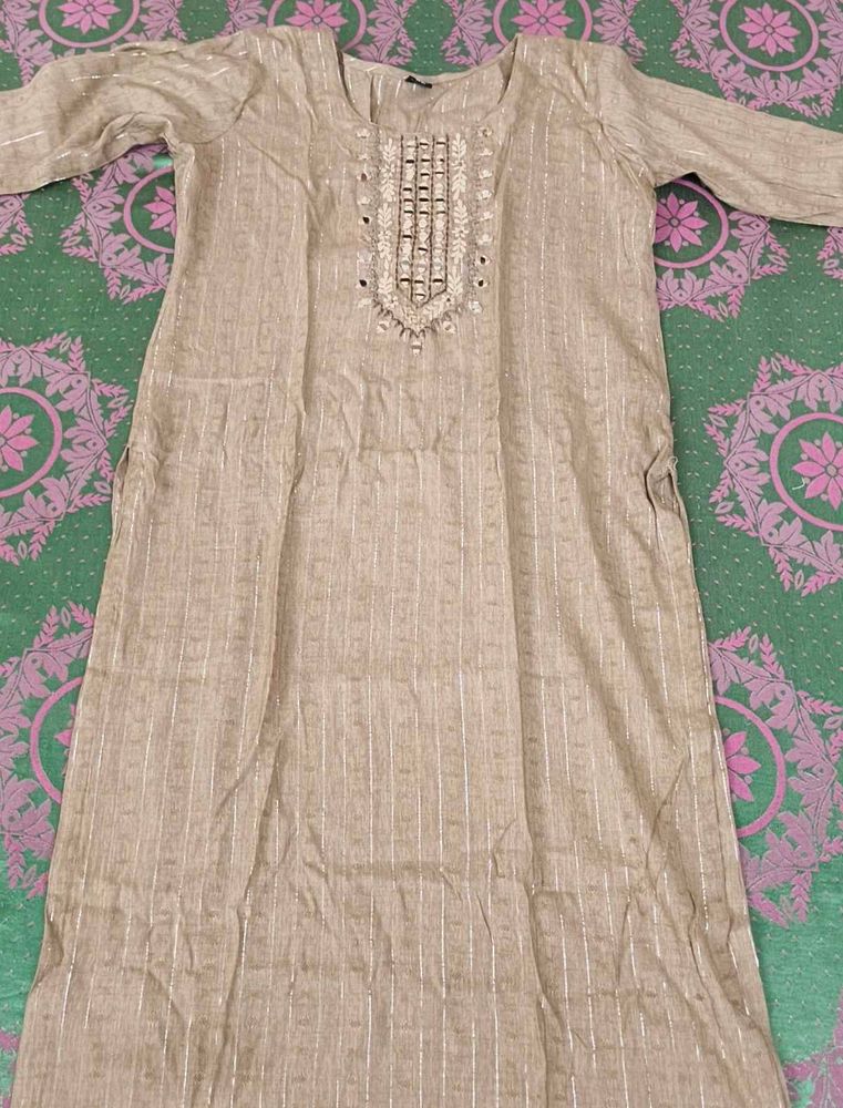 Beige Mirror Work Kurta &amp; Dupatta Set — Women's Et