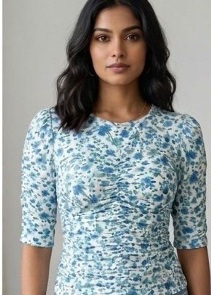 Blue Floral Ruched Puff Sleeve Top