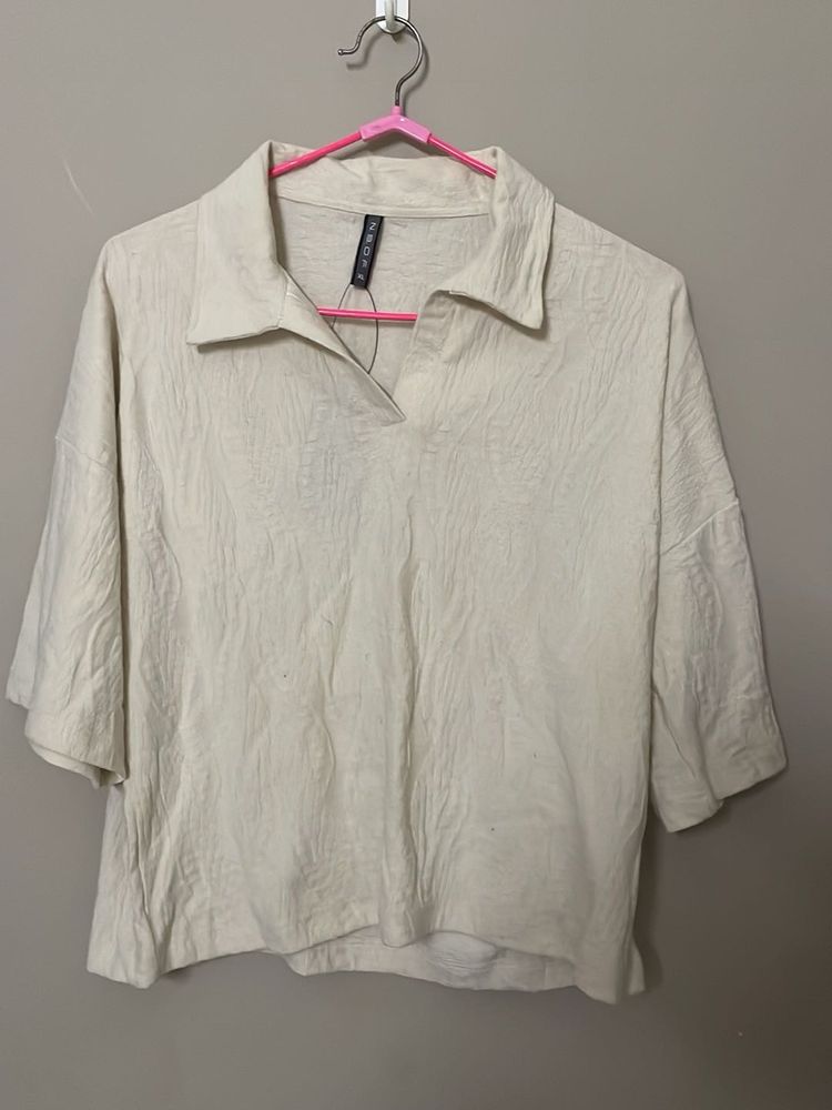 Cream Textured Collared Top