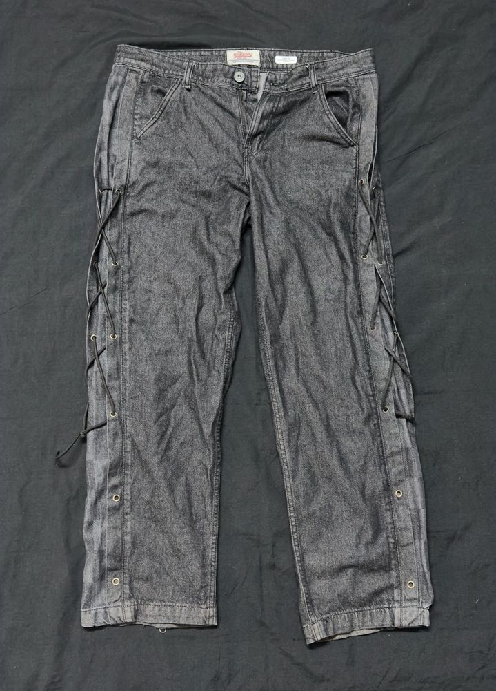 Archive Lace-Up Detail Black Denim Baggy Jeans