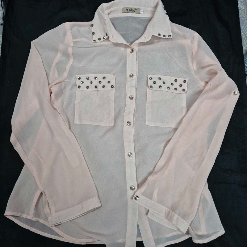 Sheer Pink Studded Button-Down Top