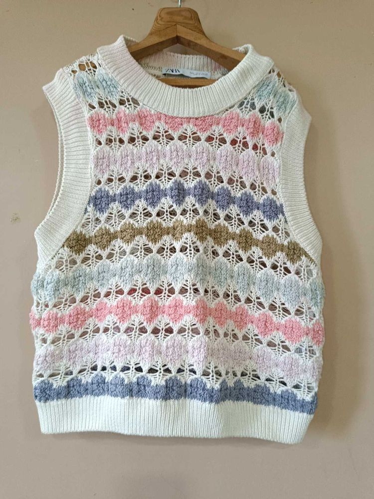 Pastel Striped Crochet Knit Sweater Vest