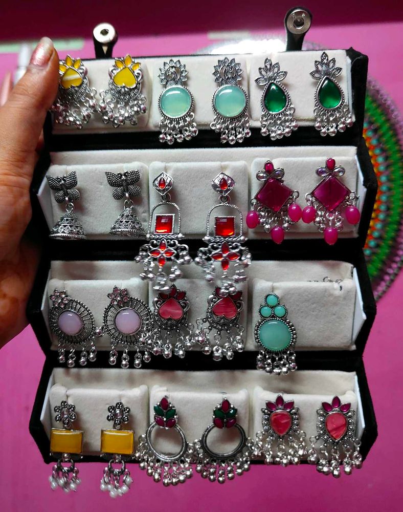 12 Oxidised Jhumka Earrings Set with box