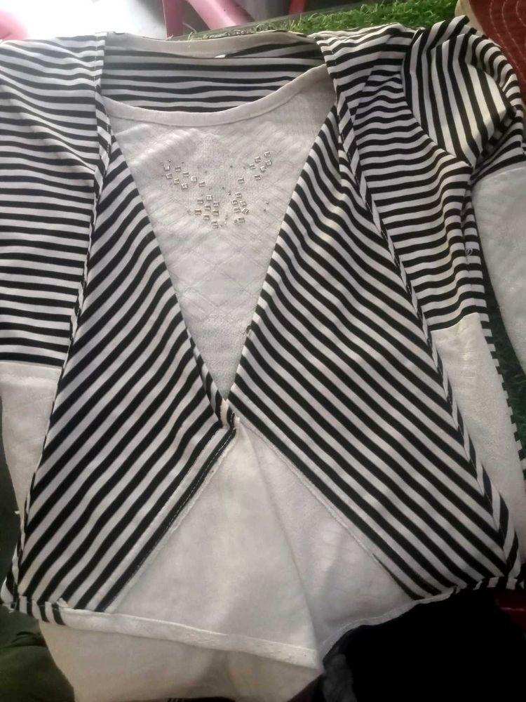 Combo Striped Overlay Top with Embellished Necklin