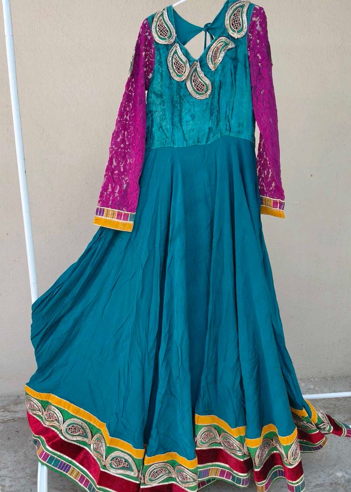 Elegant Teal and Magenta Anarkali Dress