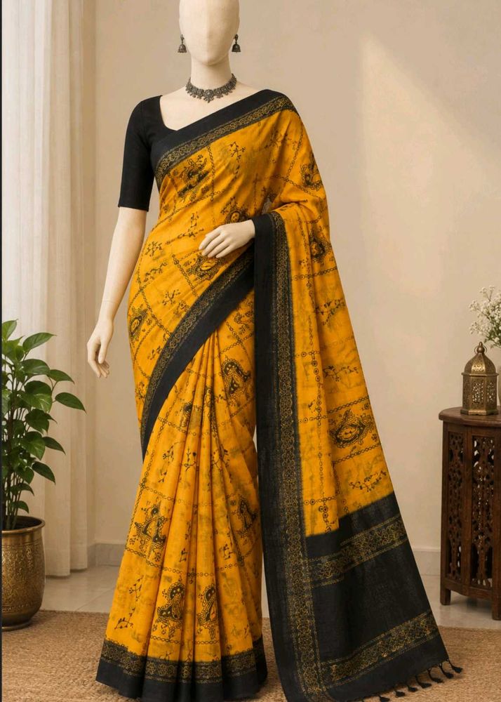 Mustard Yellow &amp; Black Printed Saree with Elegant