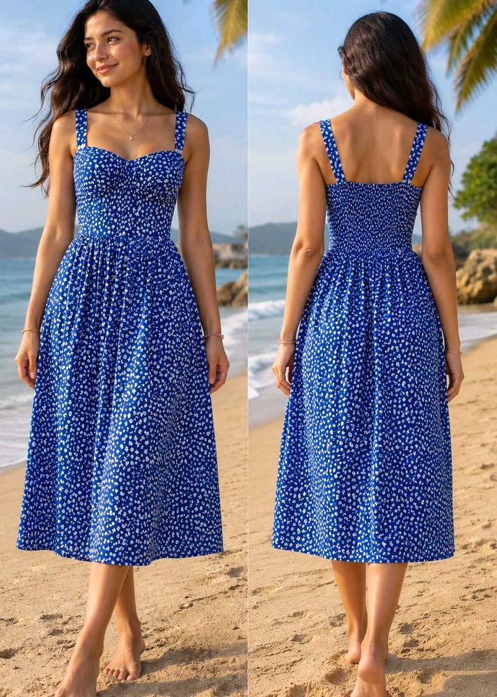 Blue Floral Print Midi Dress