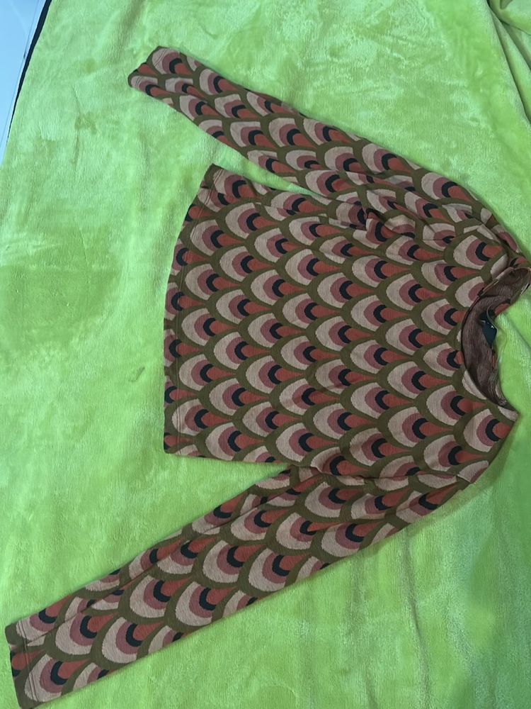 Printed Brown Olive Green Crew Neck Top