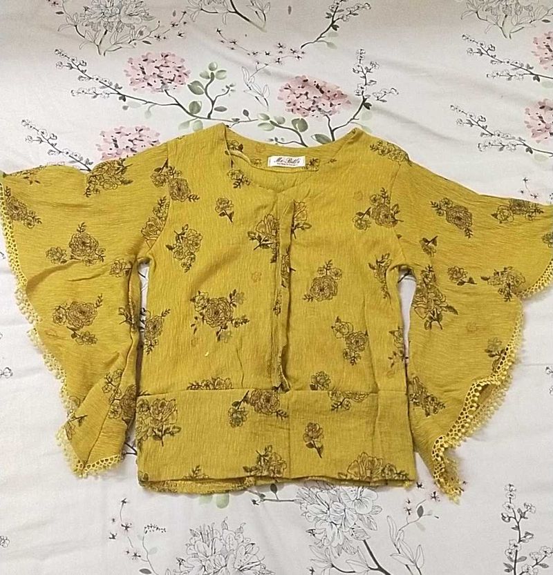 Yellow Floral Bell Sleeve Blouse