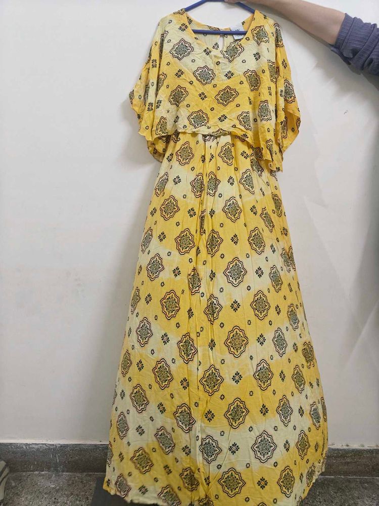 Yellow Printed Cape Maxi Dress