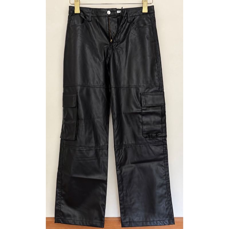 Black Faux Leather Cargo Pants