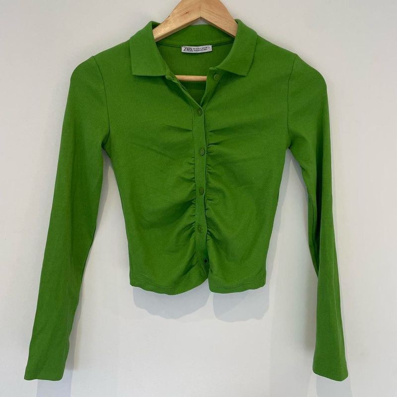 Zara Green Ruched Button-Up Top