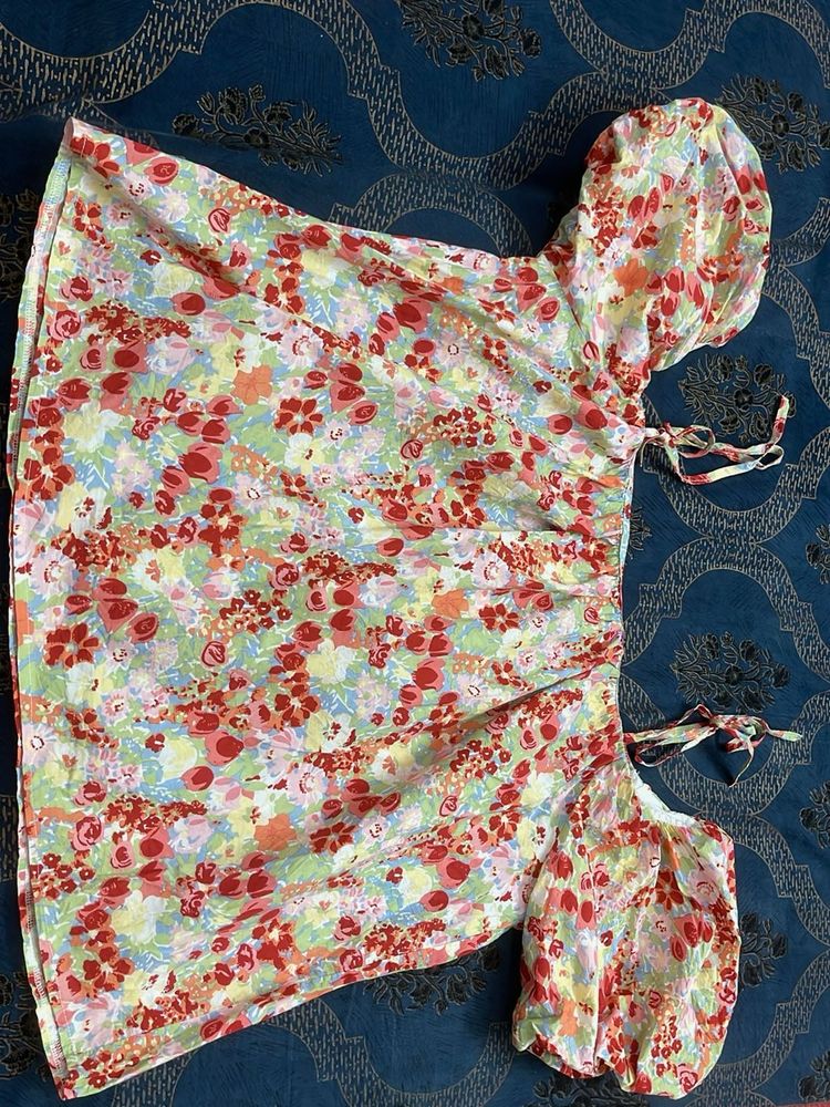 pure cotton Floral Print Puff Sleeve Top