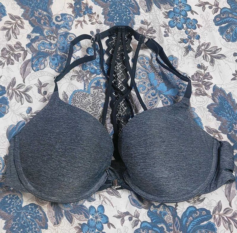 Gray Push-Up Bra with Lace Detail