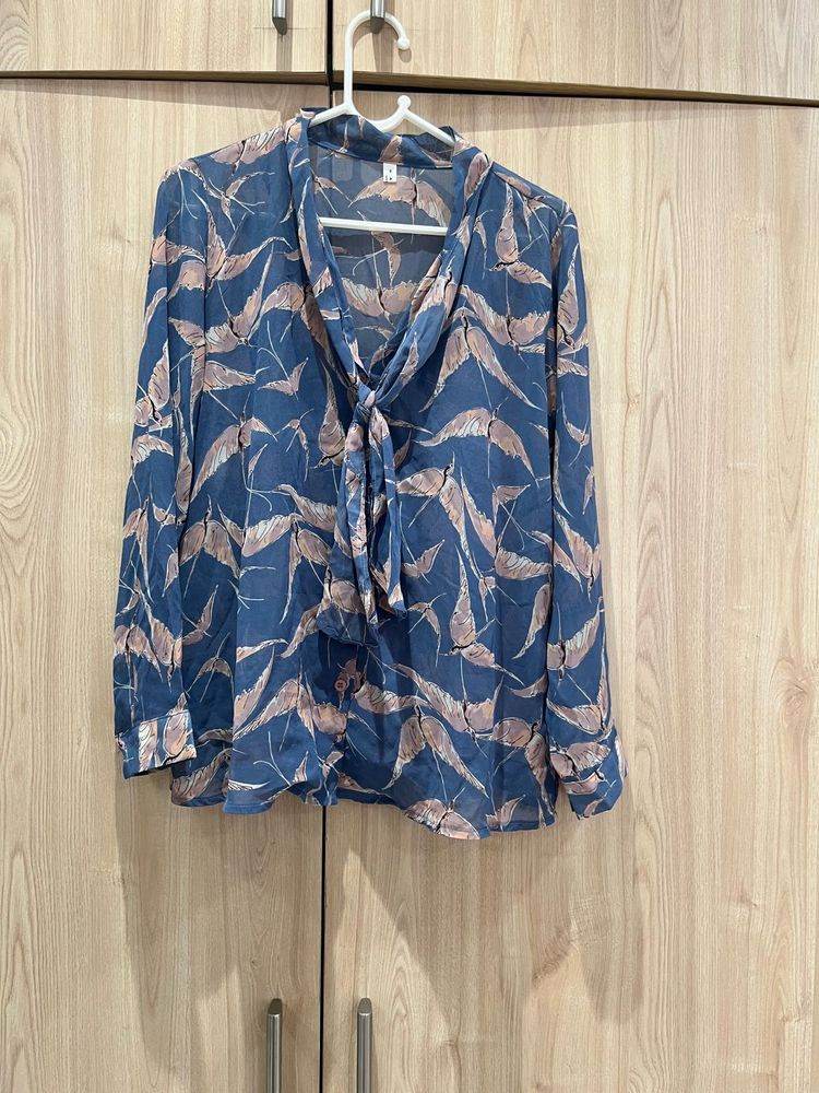 Sheer Blue Print Tie Neck Top