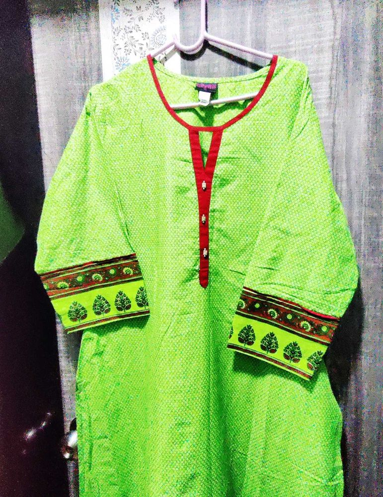 Vibrant Green Kurta with Red Neckline