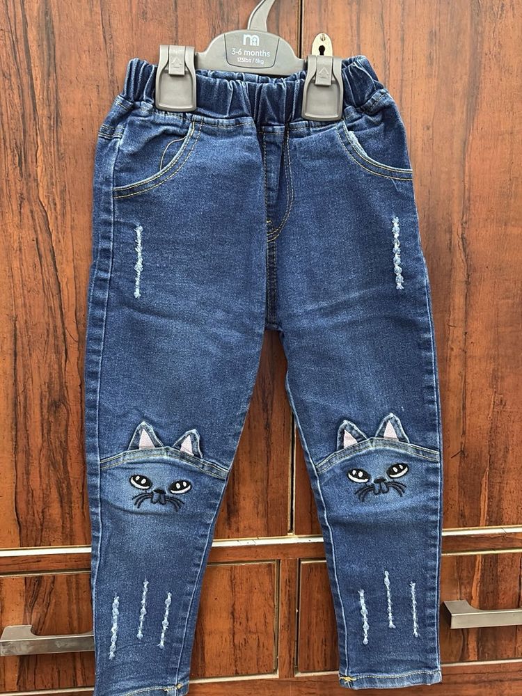 Cute Cat Embroidered Denim Jeans for Girls