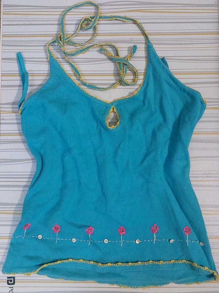 Y2K Aqua Blue Halter Top with Floral Embroidery