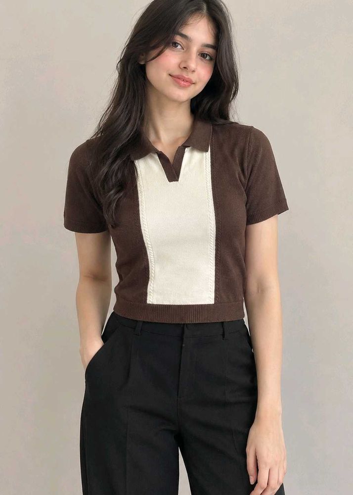 Retro Brown &amp; Cream Polo Knit Top
