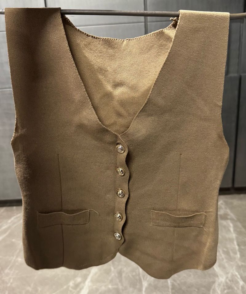 Chic Brown Knit Vest with Jewel Buttons