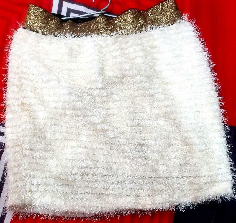 Textured White Mini Skirt with Gold Trim