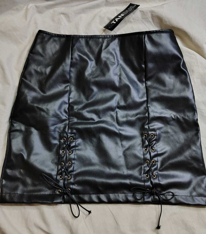 Black Faux Leather Lace-Up Mini Skirt