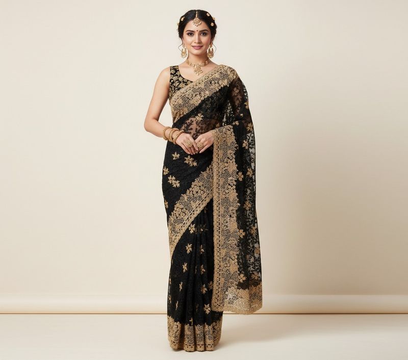 Black &amp; Gold Zari Work Embroidered Net Saree