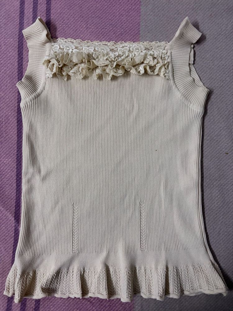 Cream Lace Trim Ribbed Tank Top