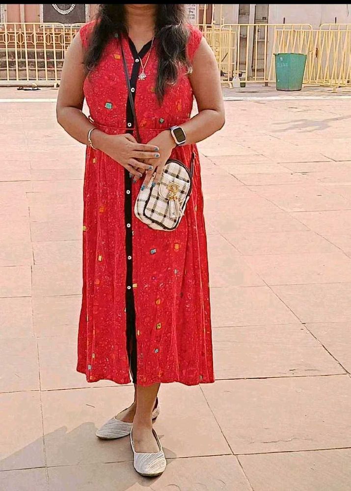Red Printed Maxi Dress with Black Accents
