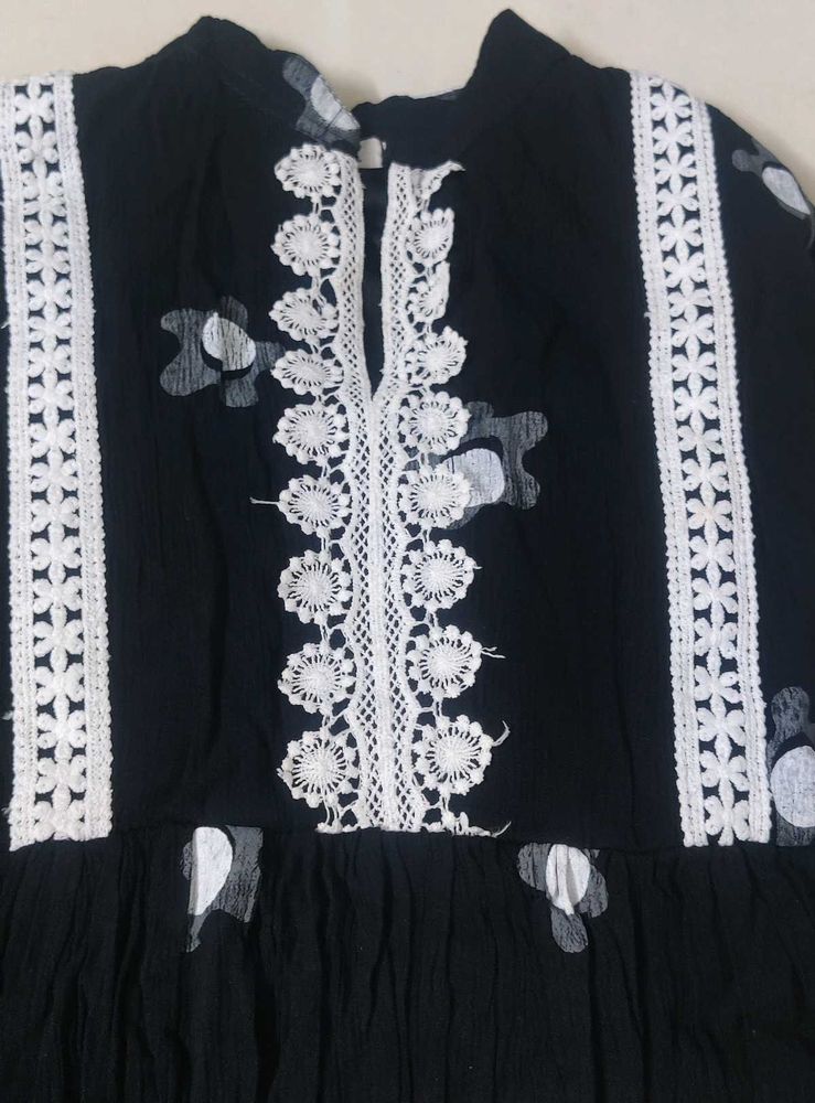Black Kurta with White Lace Detail