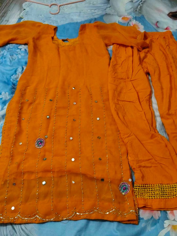 Orange Embellished Kurta Set