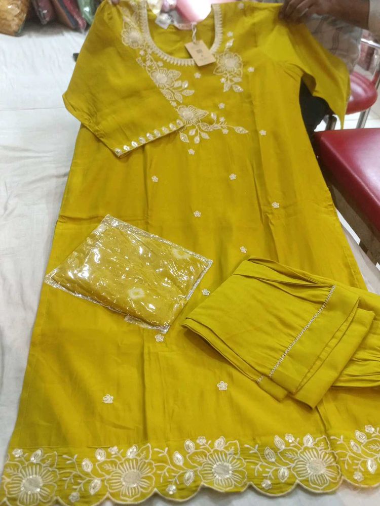Yellow Embroidered Kurti Set