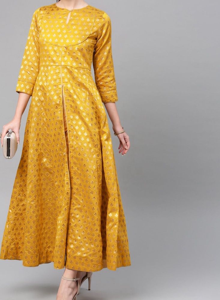Vishudh Women Mustard Self Design Kurta nd Trouser