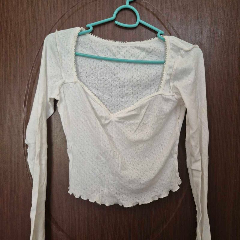 Off-White Pointelle Knit Long Sleeve Top with Lace