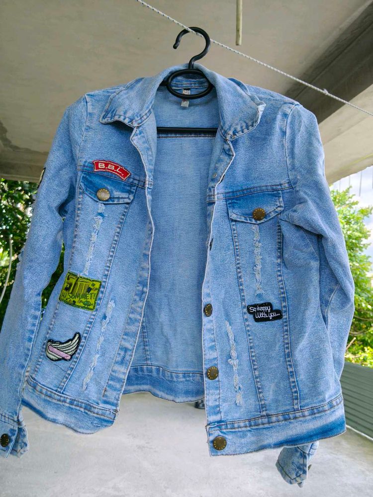 Trendy Light Blue Distressed Denim Jacket