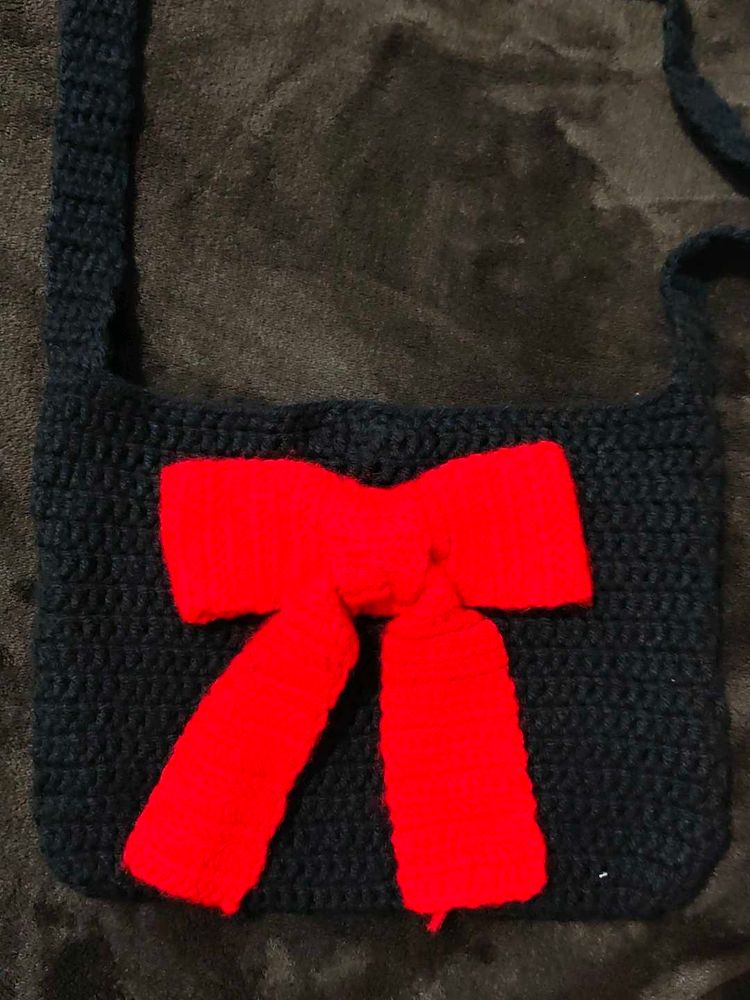 Handmade Crochet Black Crossbody Bag with Red Bow