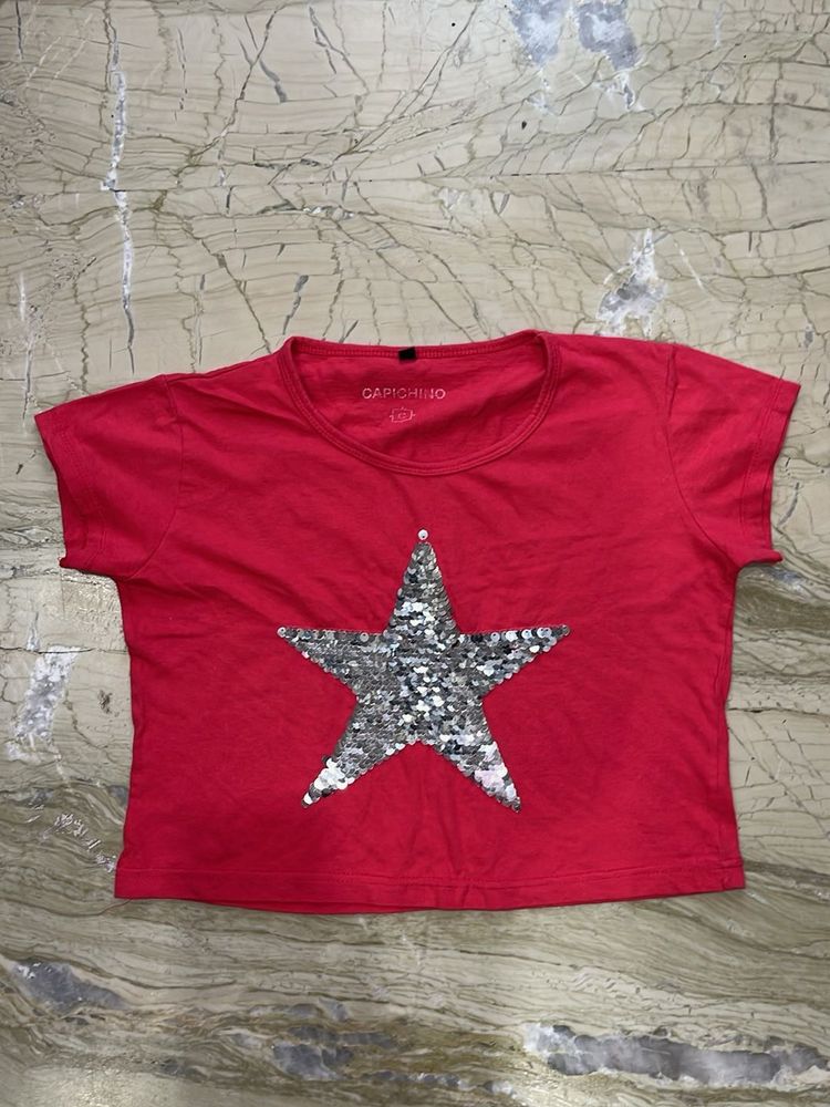 Red Sequined Star Cropped Tee