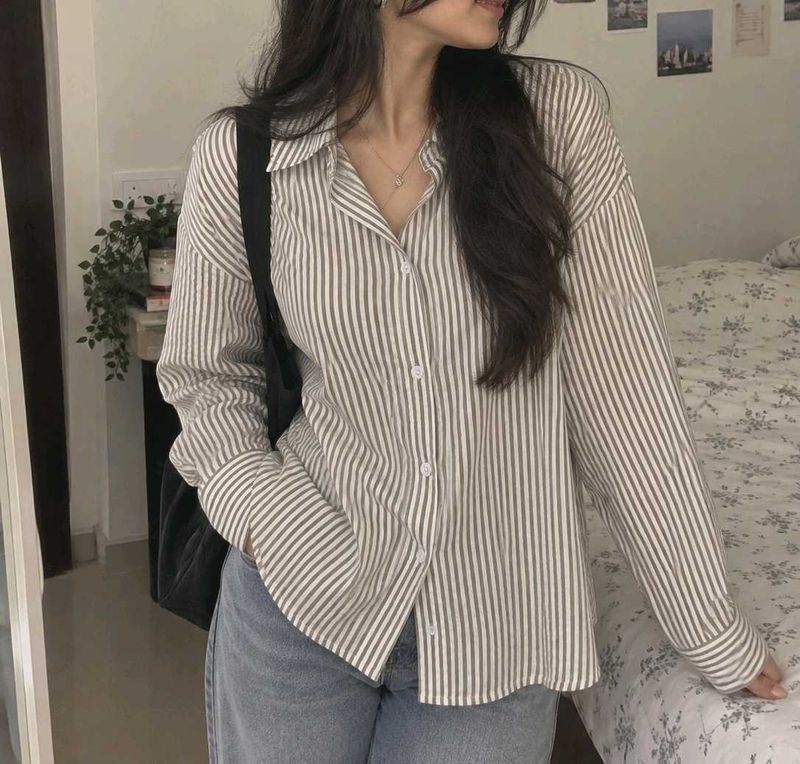 Beige &amp; White Striped Oversized Button-Down Shirt