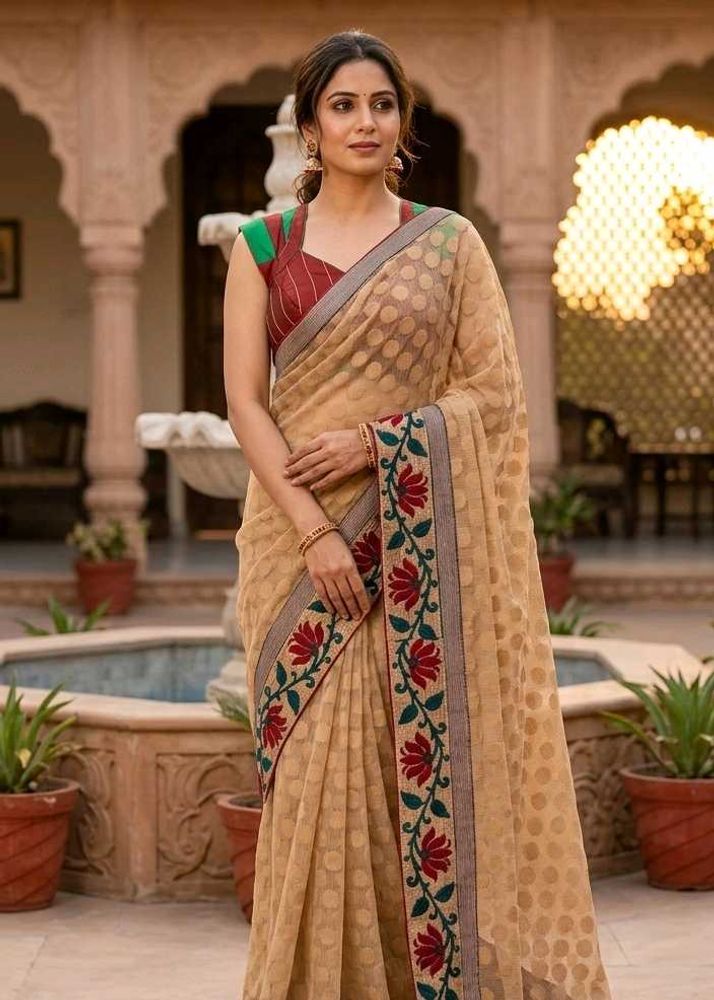 Elegant Beige Saree with Polka Dots